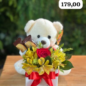 Box de Buquê 1 Rosa com Urso e Chocolate